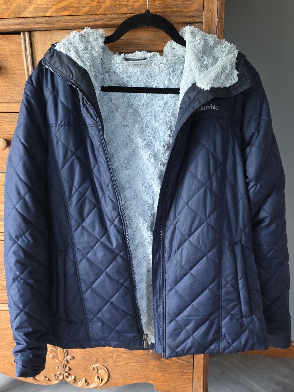❄️Columbia Navy Quilted Copper Crest Hooded Jacket with Light Blue Fleece Lining